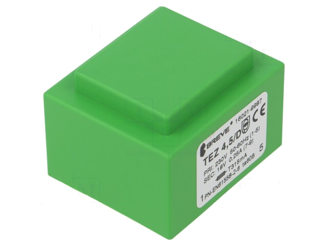 Transformator: ingegoten; 4,5VA; 230VAC; 18V; 250mA; PCB; IP00; TEZ Transformator: ingegoten; 4,5VA; 230VAC; 18V; 250mA; PCB; IP00; TEZ